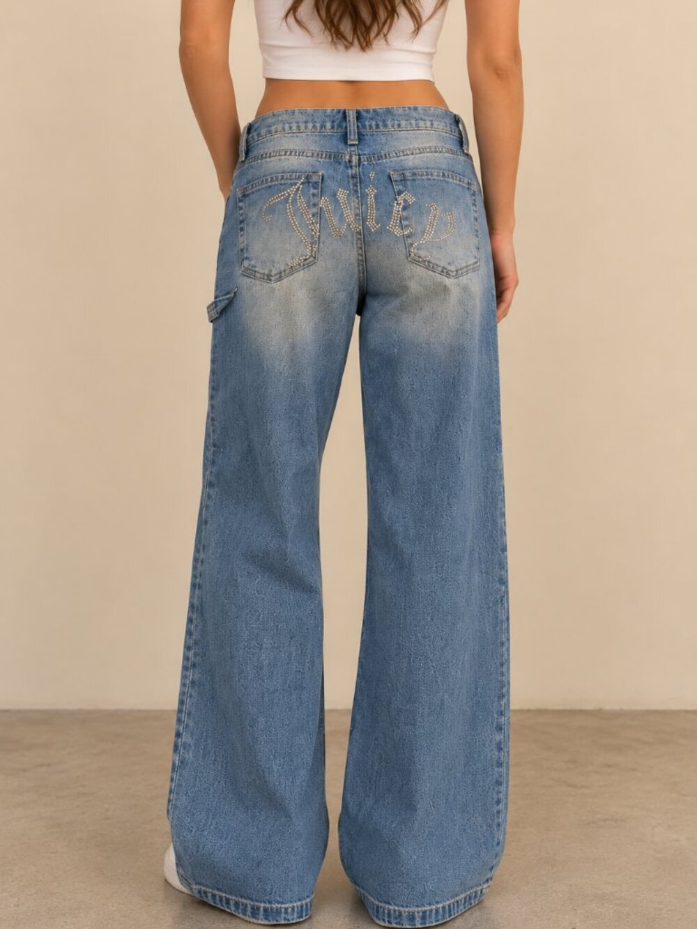 Y2K Wide Leg Jeans Juicy Couture Rhinestone Logo Low Rise Blue Denim Size 9/29